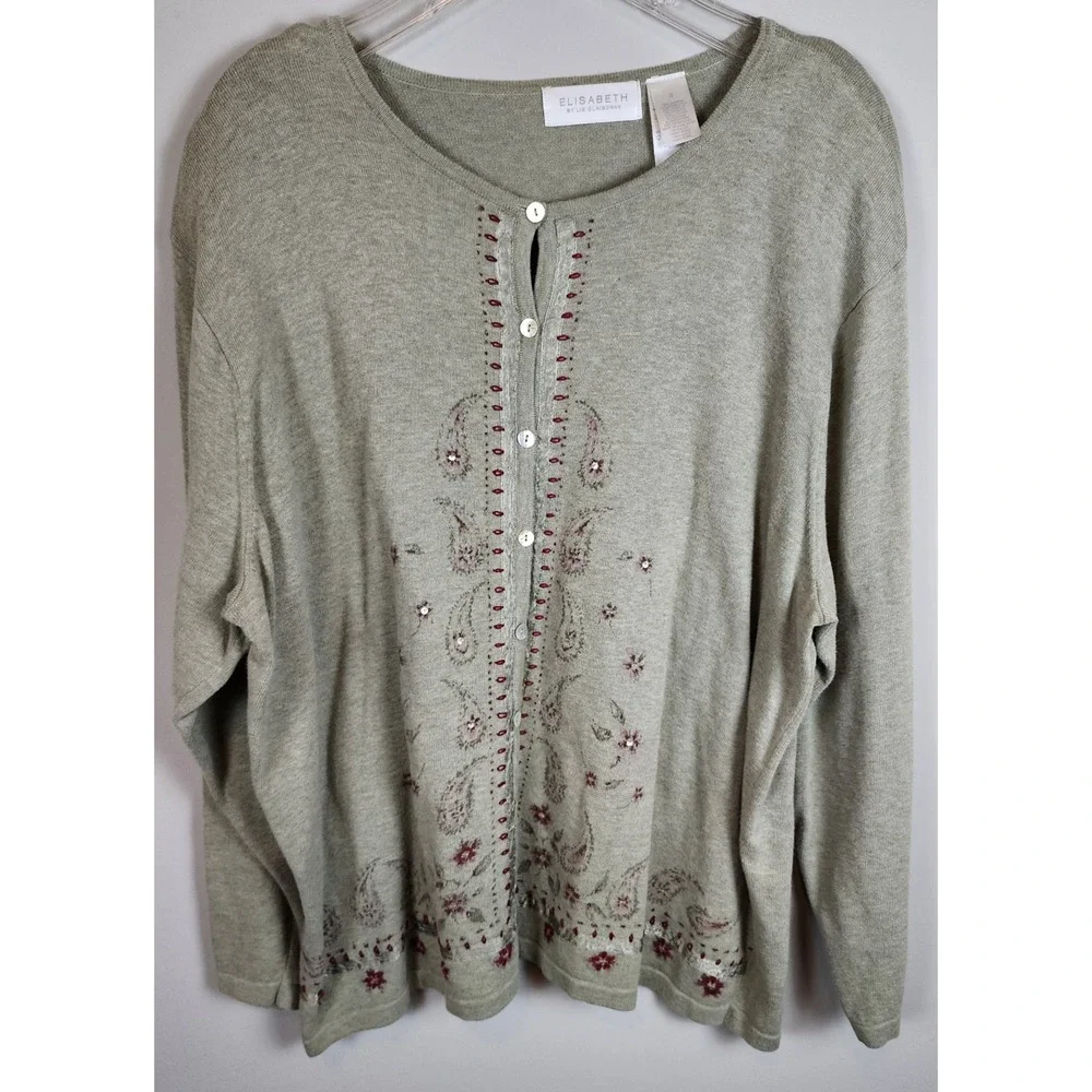 Elisabeth By‎ Liz Claiborne Women Cardigan Green Paisley Floral Sz 3